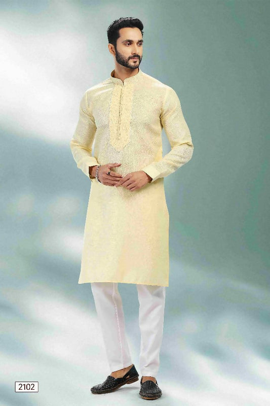 Raivat Ethnic Linen Cotton Pintux Work Kurta Pajama In Yellow Colour