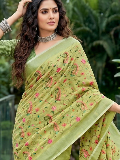 Shree Shyam Fashion Yellow Green Linen Saree