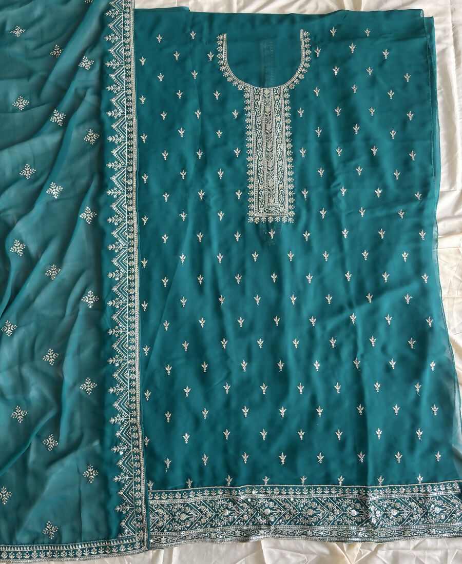 KC Aqua Blue Georgette Straight Suit With Heavy Embroidery