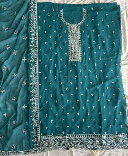 KC Aqua Blue Georgette Straight Suit With Heavy Embroidery