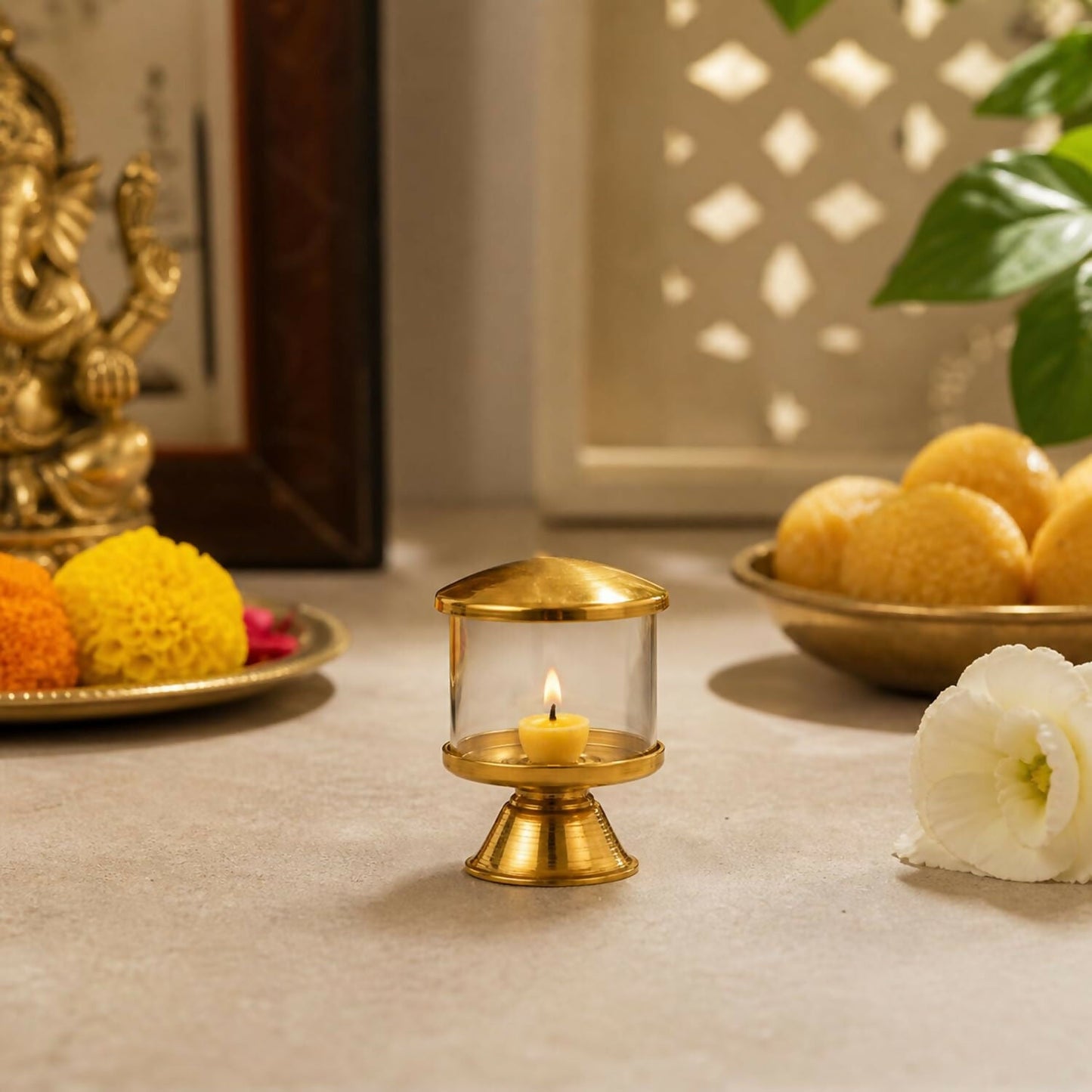 Not Available Pure Brass Ghee Diya for Puja with Glass Cover