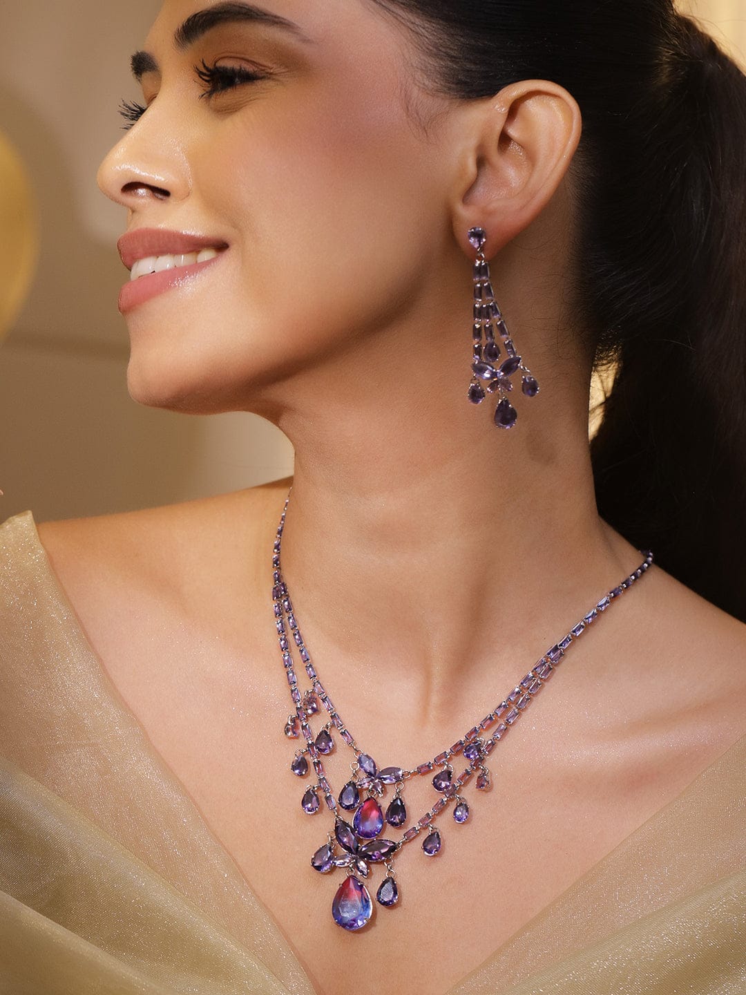 Double Layer Purple Crystal Teardrop Necklace Set