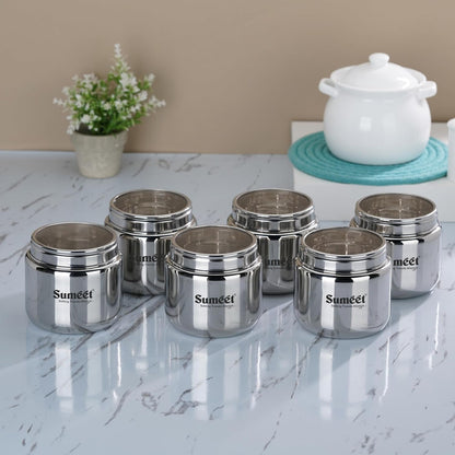 Sumeet Stainless Steel Small Canisters/Dabba/Storage Containers for Kitchen with Lid, Set of 6 Pcs, 400ml Each, 9cm Dia, Silver