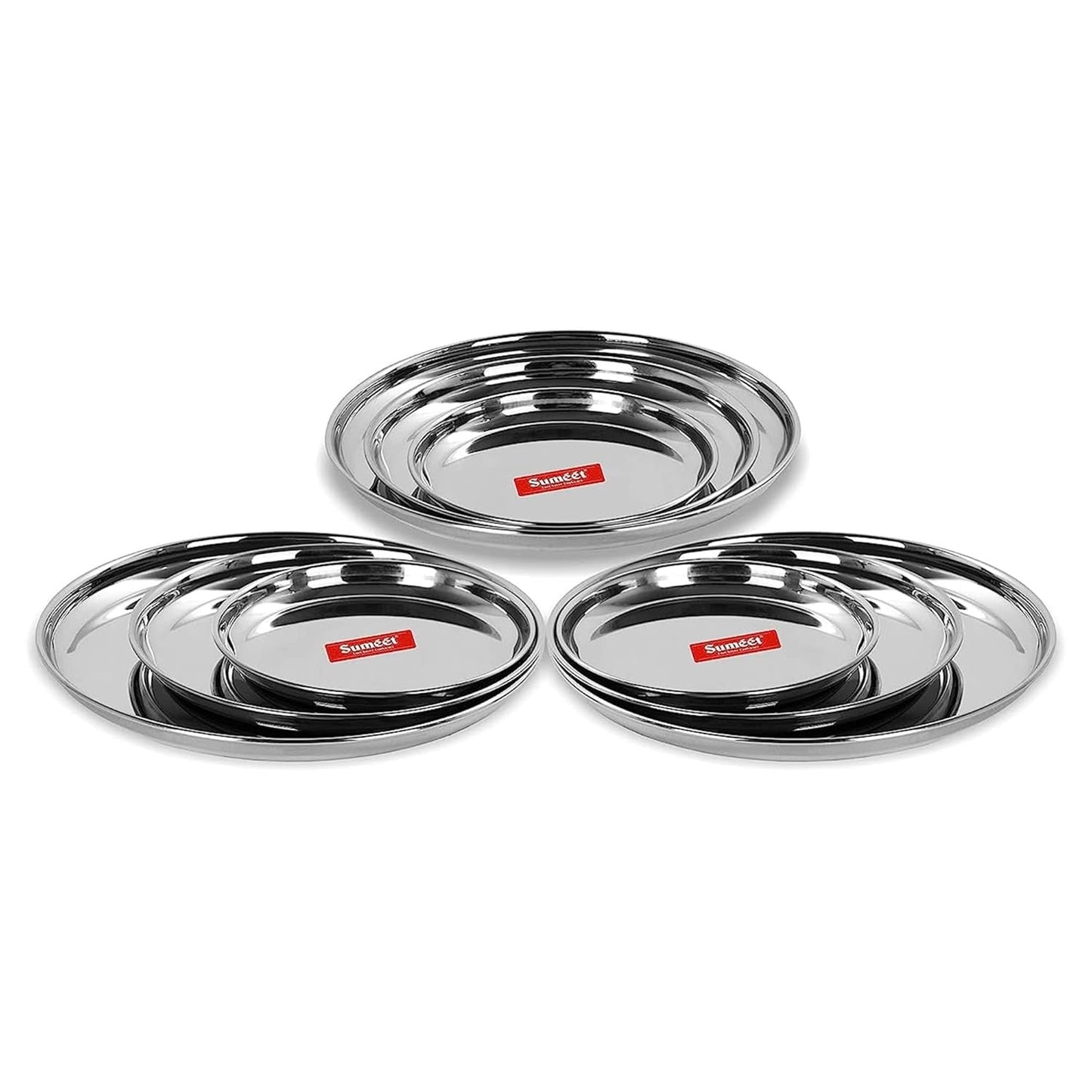 Sumeet Stainless Steel Heavy Gauge Multi Purpose Plates with Mirror Finish Set of 9pc (Dia - 17cm, 22cm,27.5cm)