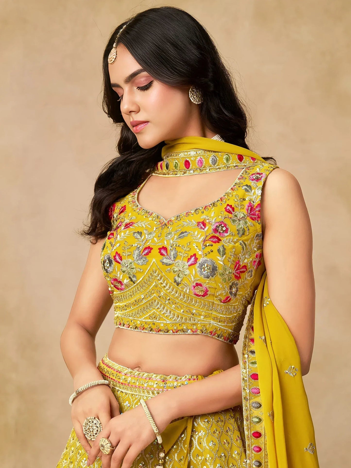 Tulsi Art Classic Yellow Zari Embroidered Georgette Haldi Wear Lehenga Choli