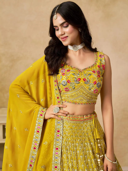 Tulsi Art Classic Yellow Zari Embroidered Georgette Haldi Wear Lehenga Choli