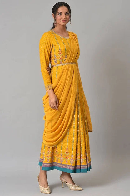 W for Woman Yellow Glitter Printed Festive Pre-drape Saree Dress with Belt