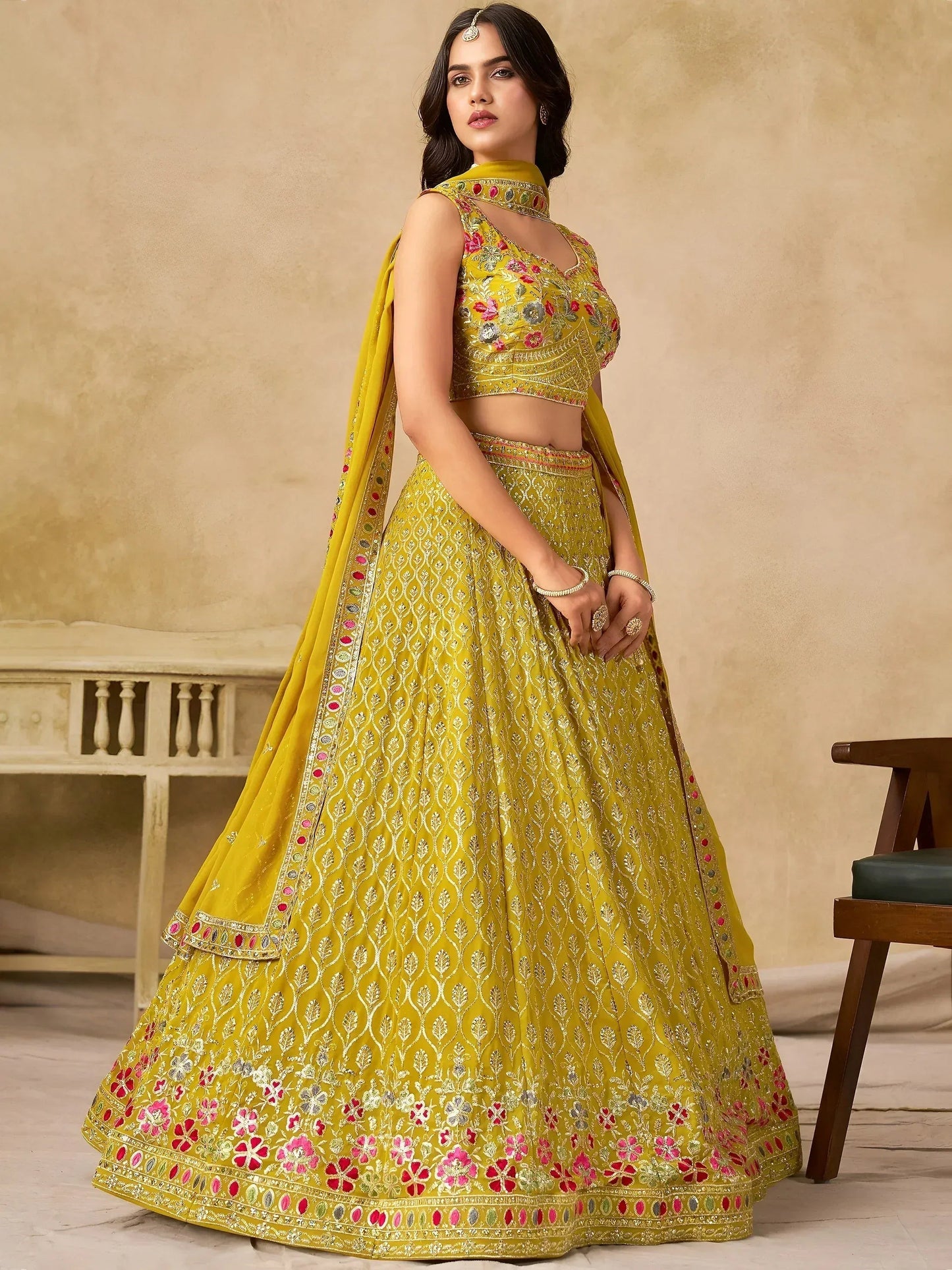 Tulsi Art Classic Yellow Zari Embroidered Georgette Haldi Wear Lehenga Choli