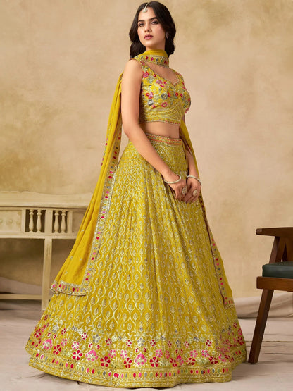 Tulsi Art Classic Yellow Zari Embroidered Georgette Haldi Wear Lehenga Choli