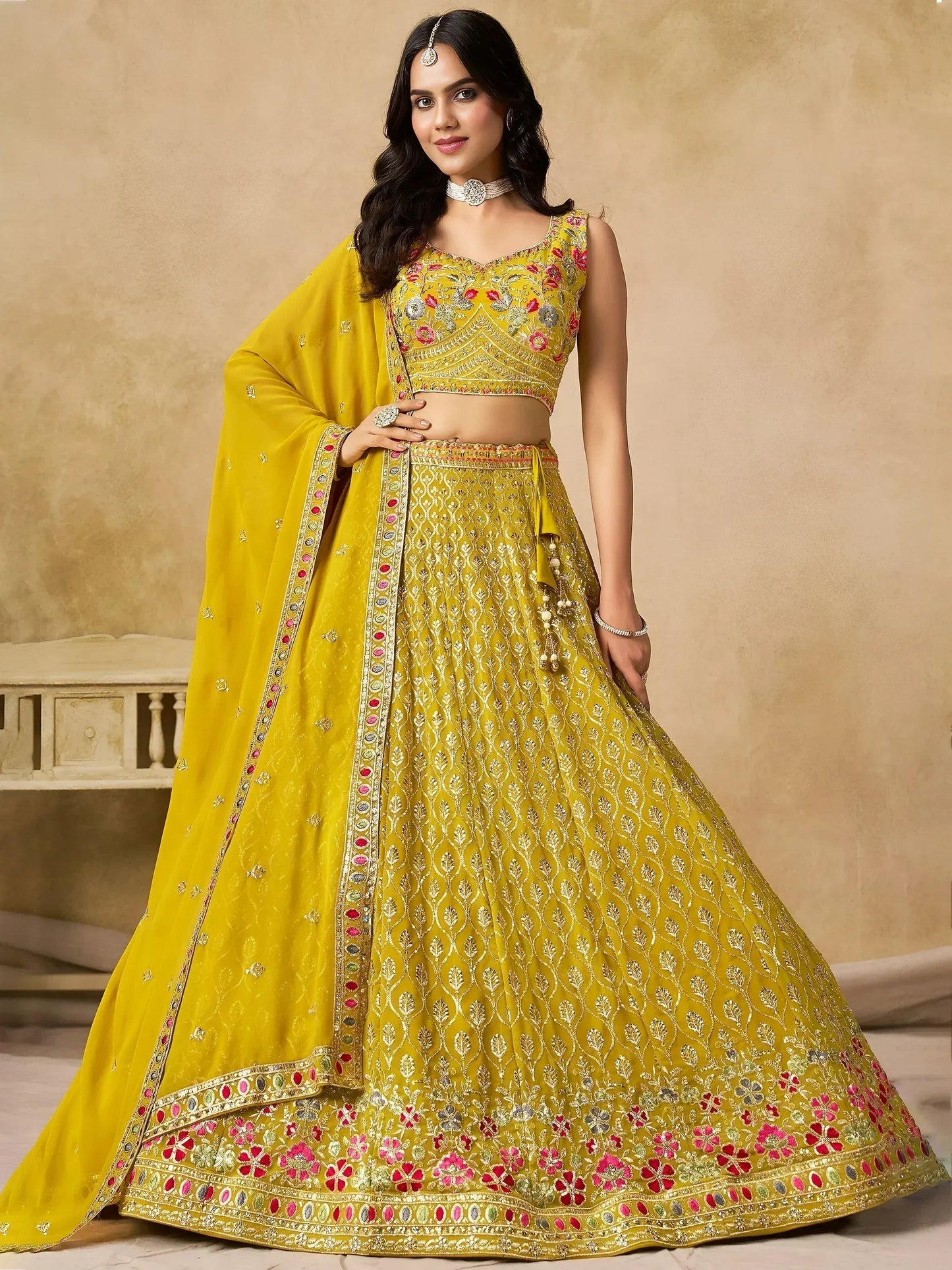 Tulsi Art Classic Yellow Zari Embroidered Georgette Haldi Wear Lehenga Choli