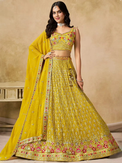 Tulsi Art Classic Yellow Zari Embroidered Georgette Haldi Wear Lehenga Choli