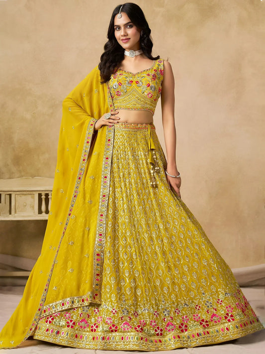 Tulsi Art Classic Yellow Zari Embroidered Georgette Haldi Wear Lehenga Choli
