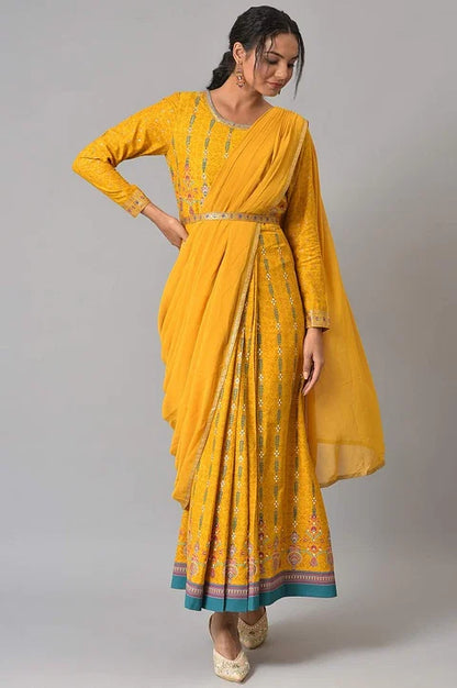 W for Woman Yellow Glitter Printed Festive Pre-drape Saree Dress with Belt