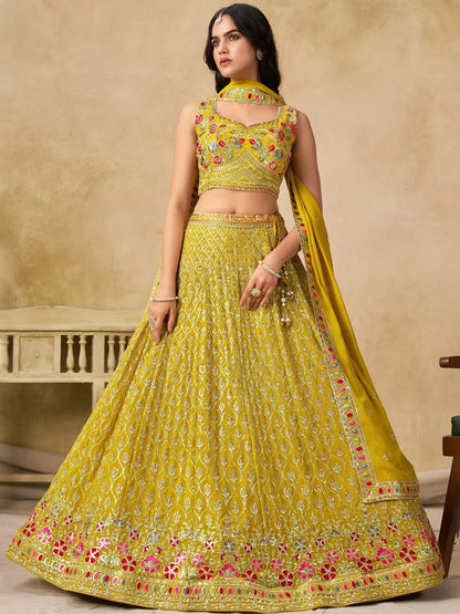 Tulsi Art Classic Yellow Zari Embroidered Georgette Haldi Wear Lehenga Choli