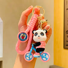Pink Panda On Cycle Keychain | 3D Lanyard Keychain | Silicone | Premium |