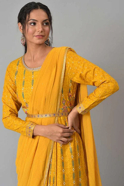 W for Woman Yellow Glitter Printed Festive Pre-drape Saree Dress with Belt