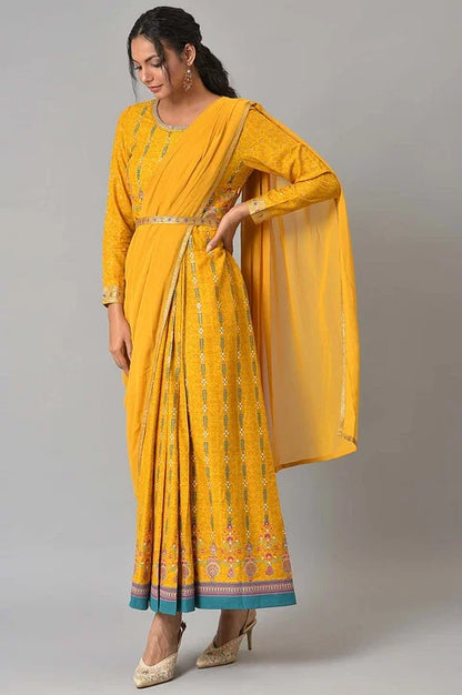 W for Woman Yellow Glitter Printed Festive Pre-drape Saree Dress with Belt