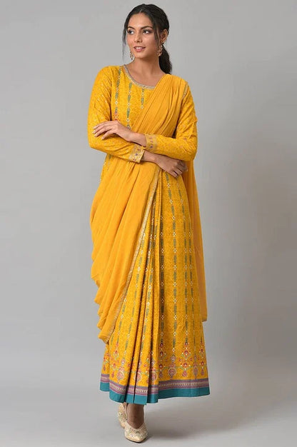 W for Woman Yellow Glitter Printed Festive Pre-drape Saree Dress with Belt