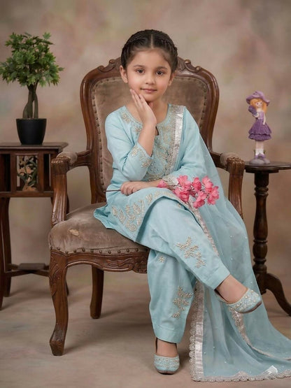 Teeya Creation Womens New Fancy Sky Blue Embroidered Kurta with Salwar & Dupatta Set Palazzo Set
