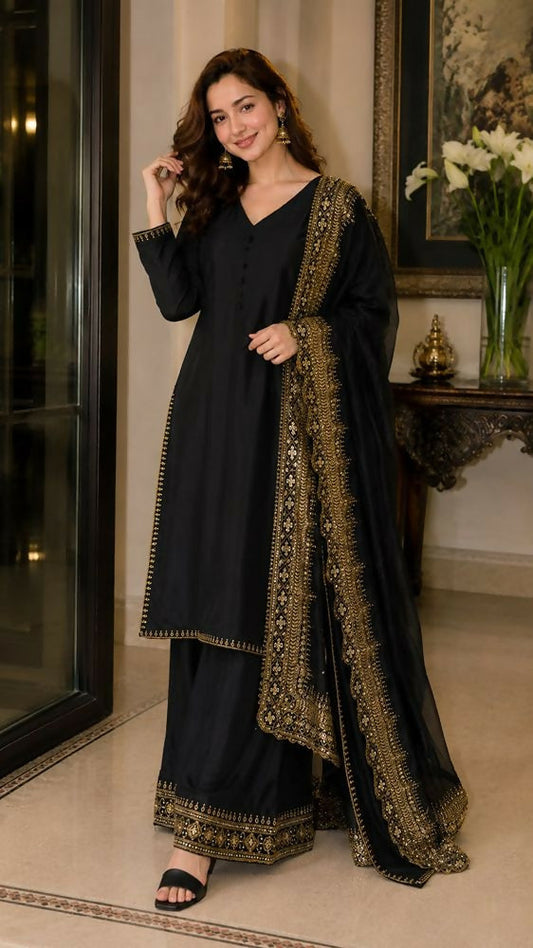 Teeya Creation New Latest Stylish Classic Black Festive Kurta Set with Gold Zari Border Palazzo and Dupatta