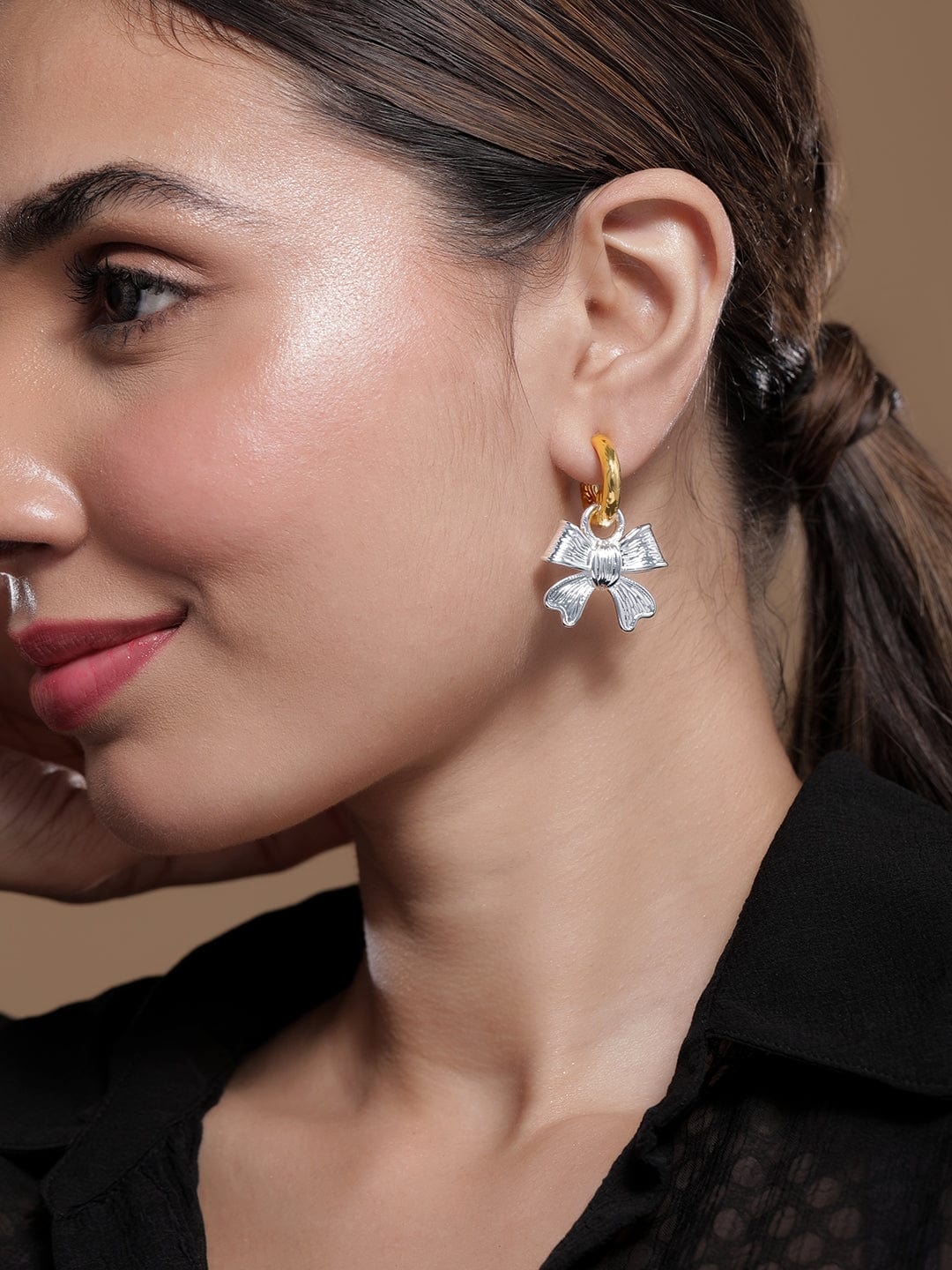 Dual-Tone Bowknot Charm Drop Earrings