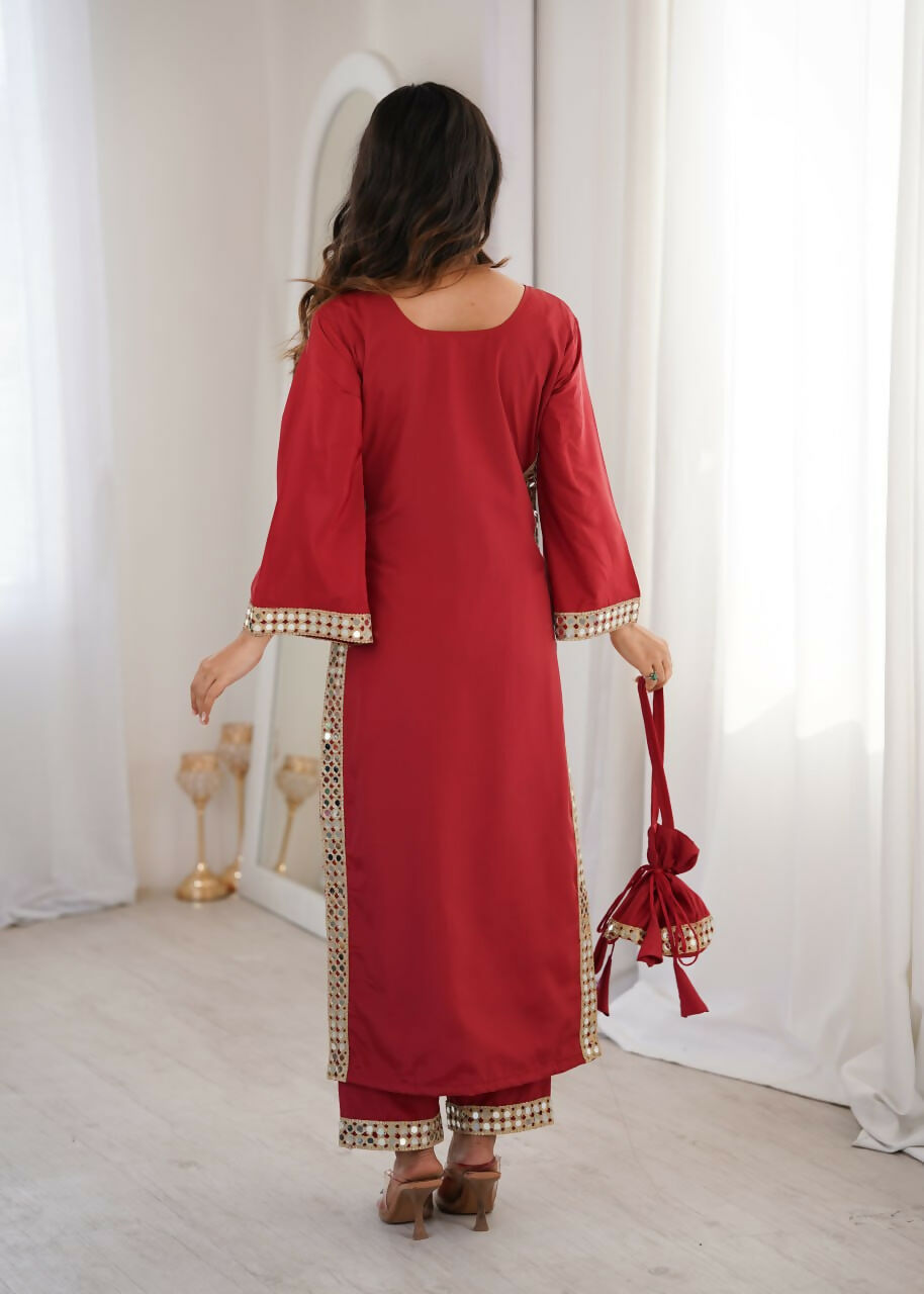 Teeya Creation Womens New Trending Maroon Color Natural Crepe With Real Mirror Lace Work Kurta Set