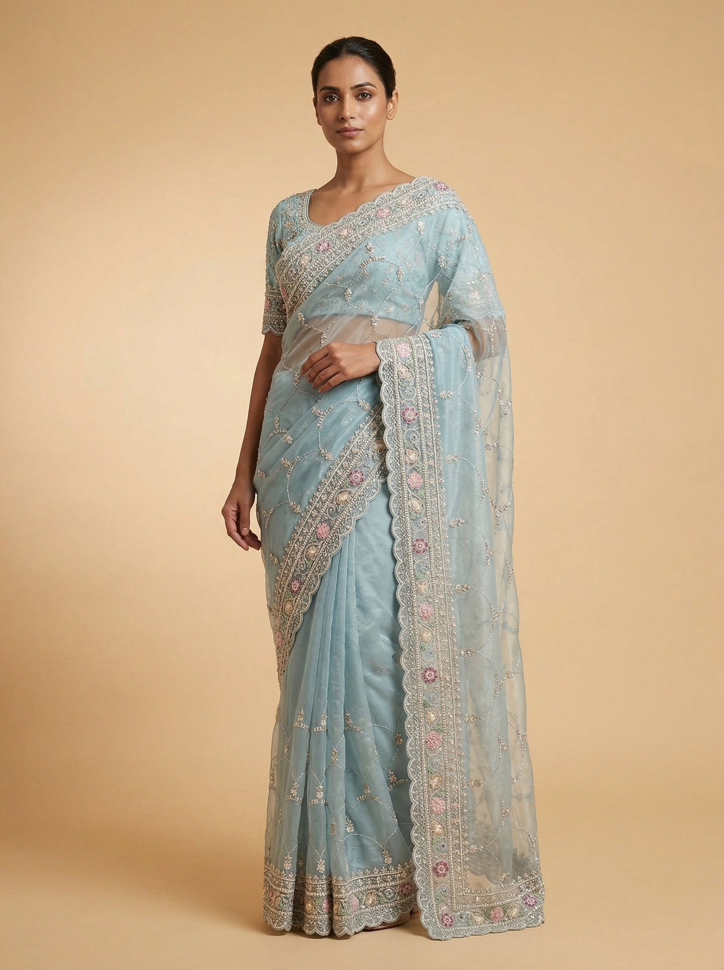 Dusk Blue Embroidered Saree