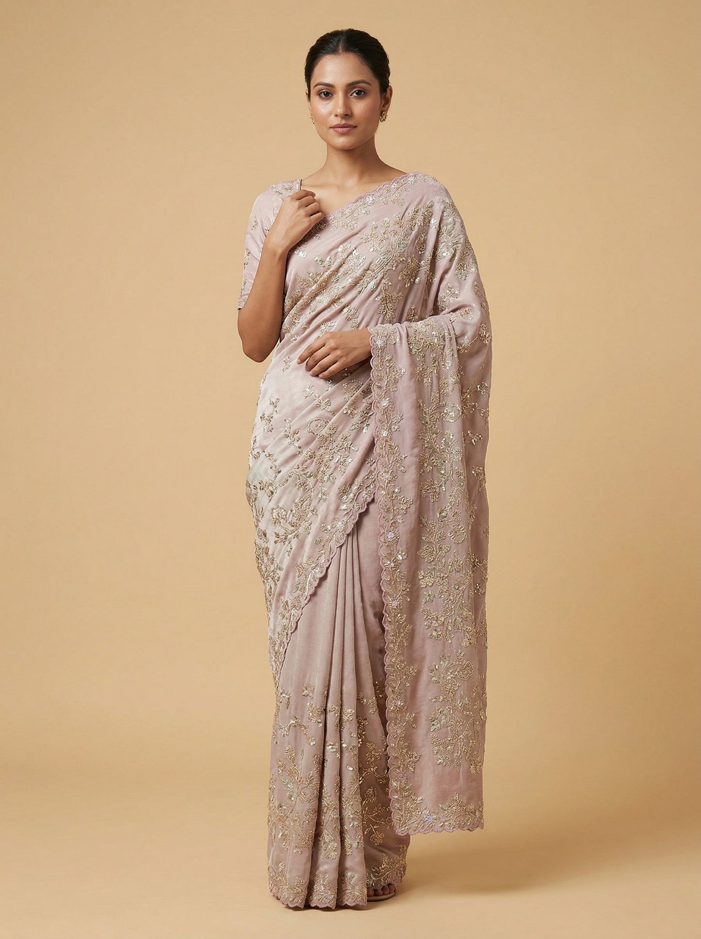Dusty Grey Pink Embroidered Saree