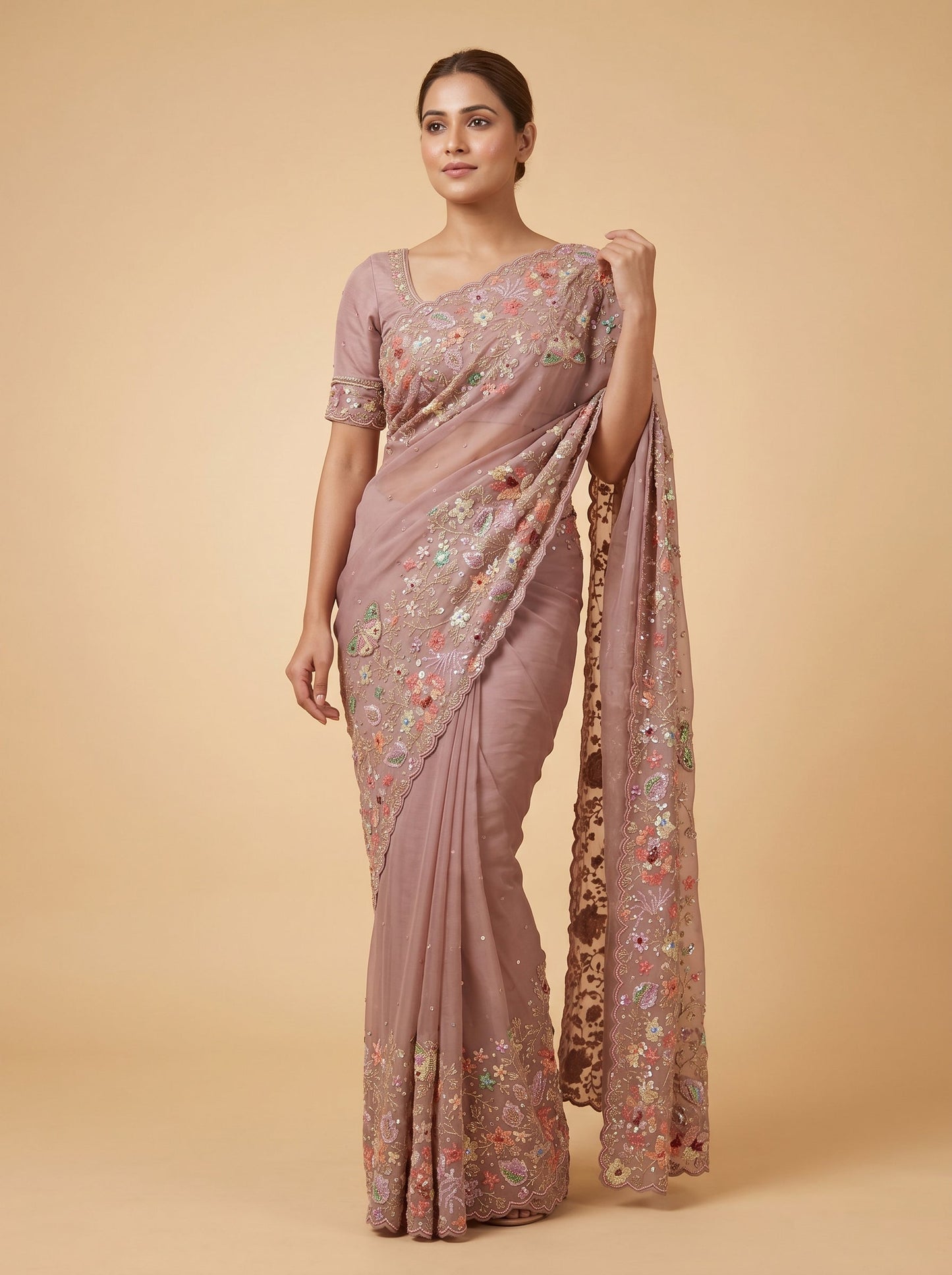 Dusty Mauve Embroidered Saree