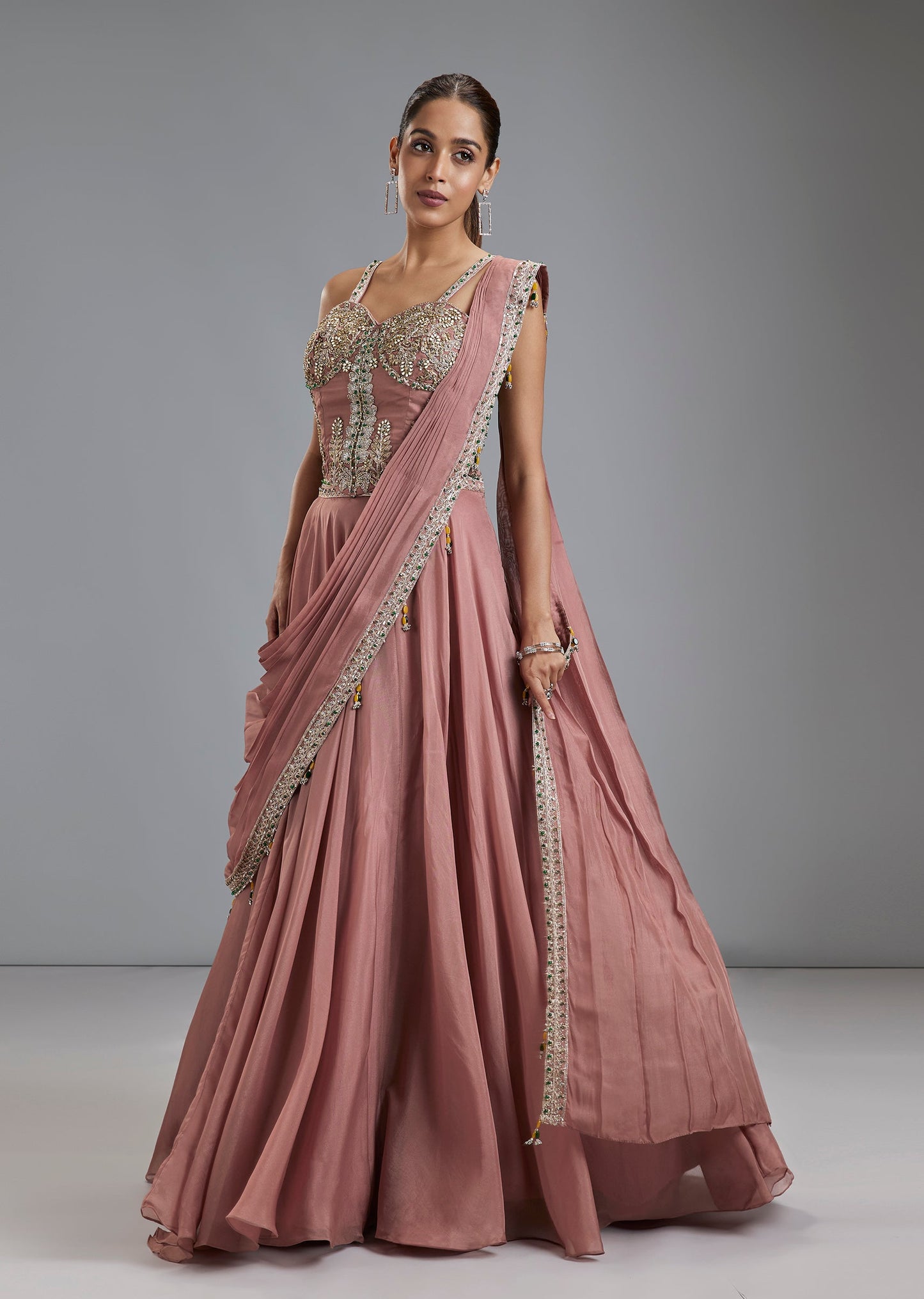 Dusty Pink Organza Fusion Lehenga With Kundan Cut Dana Blouse And Attached Drape