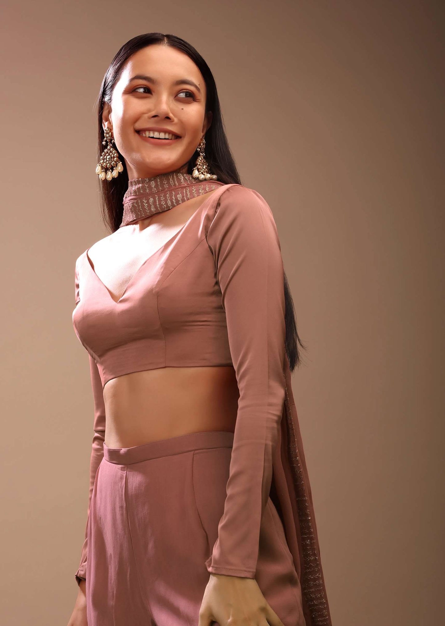 Dusty Nude Blouse In Satin With Full Sleeves And V Neckline