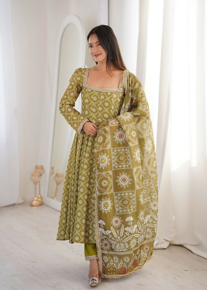 Teeya Creation Olive Green Floral Printed Anarkali Suit with Detailed Square Neckline