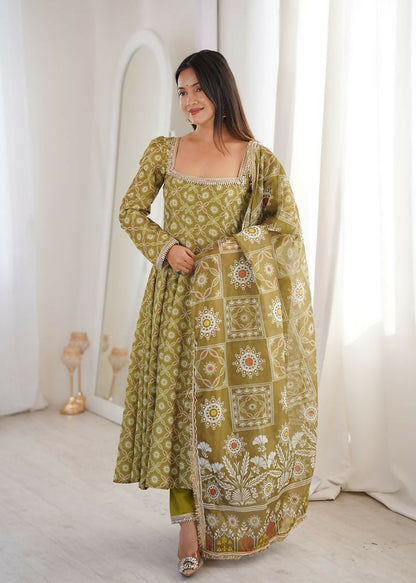 Teeya Creation Olive Green Floral Printed Anarkali Suit with Detailed Square Neckline