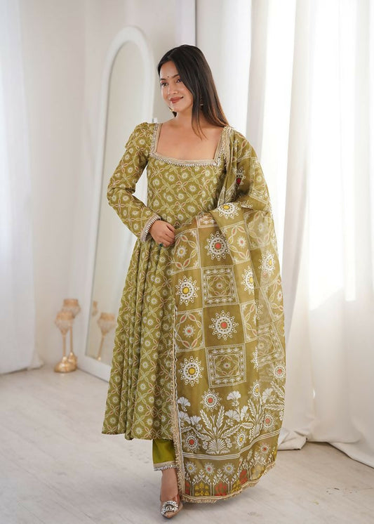 Teeya Creation Olive Green Floral Printed Anarkali Suit with Detailed Square Neckline