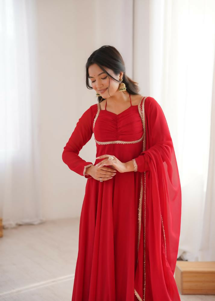The52 Women's Gorgeous Solid Fox Blooming Georgette Fabric Flared Anarkali and Dupatta Set-Red