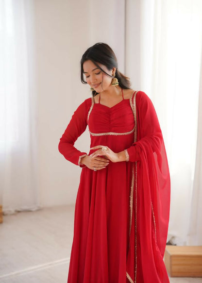 The52 Women's Gorgeous Solid Fox Blooming Georgette Fabric Flared Anarkali and Dupatta Set-Red