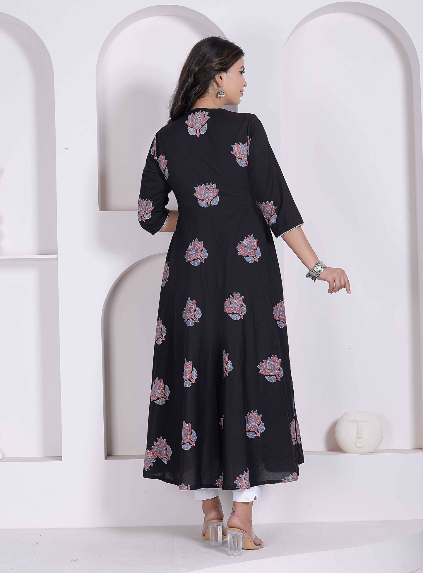 Miravan Womens Cotton Floral Print Anarkali Kurta-Black