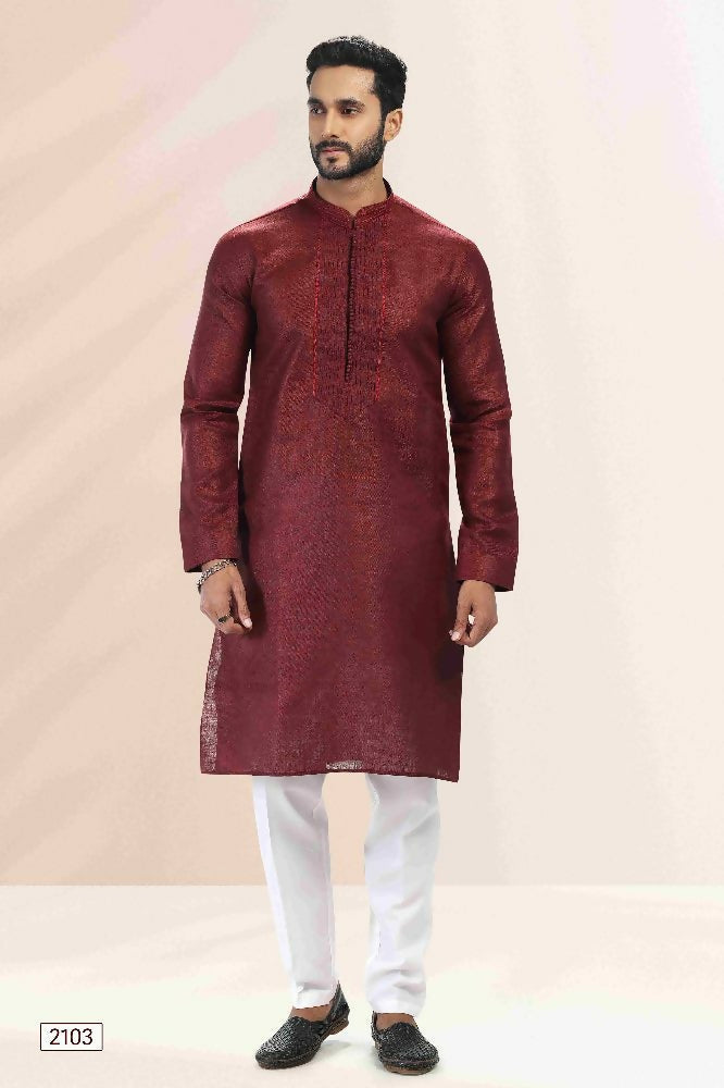 Raivat Ethnic Linen Cotton Pintux Work Kurta Pajama In Maroon Colour