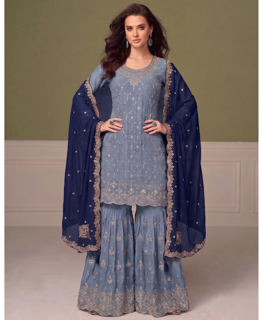 KC Heavy Chinon Sky Blue Salwar Suit For Women Ethnic Wear