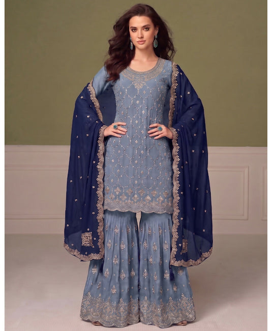 KC Heavy Chinon Sky Blue Salwar Suit For Women Ethnic Wear
