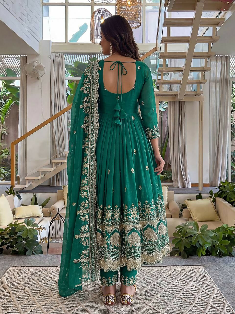 Teeya Creation New Trendy Stylish Wedding Wear Embroidered Anarkali Set - Teal-Green