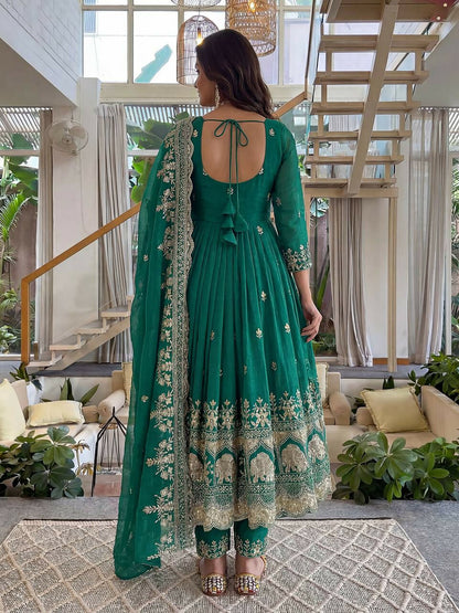 Teeya Creation New Trendy Stylish Wedding Wear Embroidered Anarkali Set - Teal-Green
