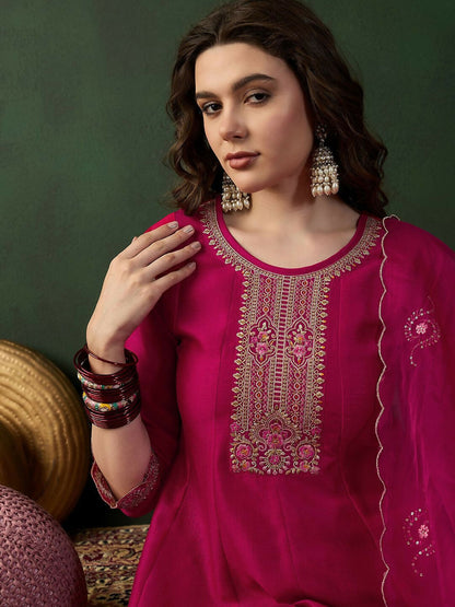 The52 Women's Beautiful Embroidery Work Vichitra Fabric A-line Kurta Pant and Dupatta Set-Pink