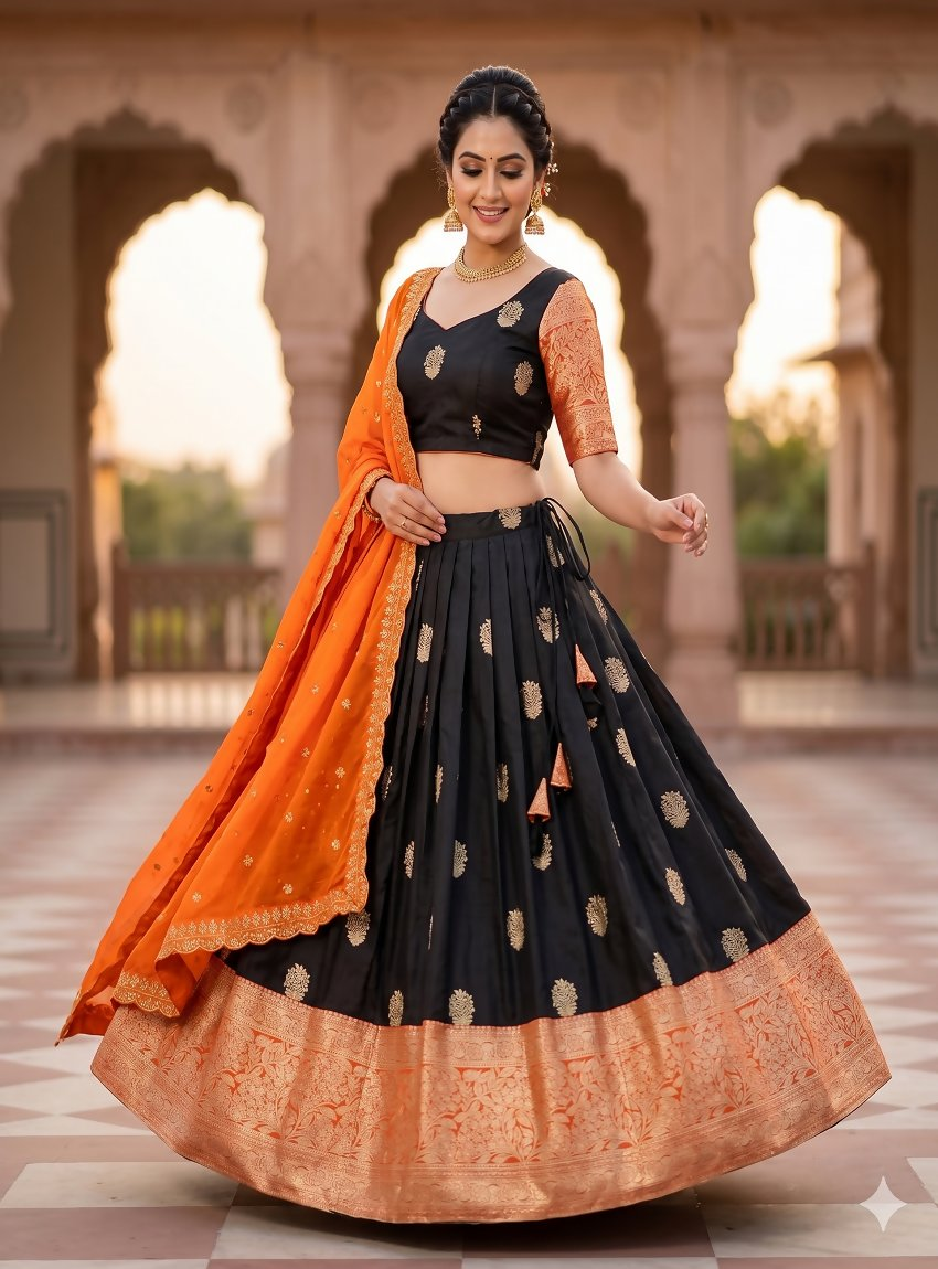 Teeya Creation Elegant Black Border Work Festive Chaniya Choli Set for Women