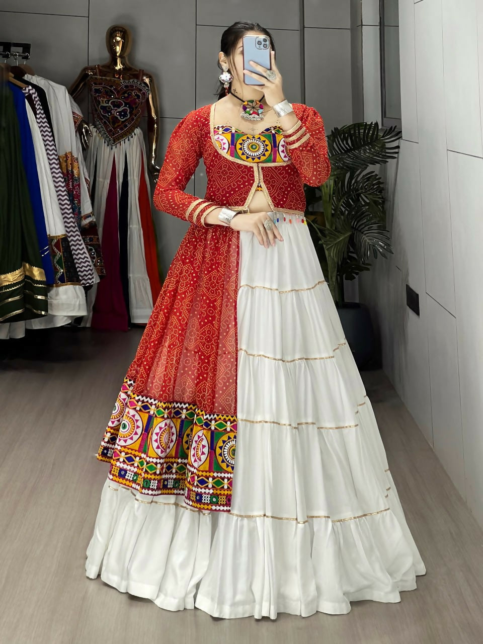 Yash Enterprise Red And White Rayon Cotton Embroidery Semi Stitched Navratri Top Chaniya Choli