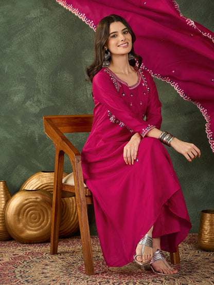 The52 Women's Gorgeous Embroidery Work Vichitra SIlk Fabric Flared Kurta Pant and Dupatta Set-Rani