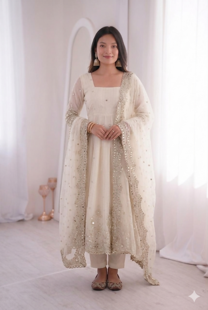 Teeya Creation Womens New Latest Trendy Elegant White Embroidered Anarkali Suit Set with Scalloped Dupatta