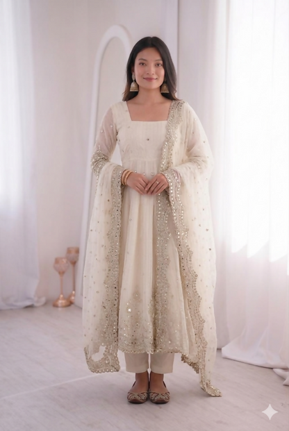 Teeya Creation Womens New Latest Trendy Elegant White Embroidered Anarkali Suit Set with Scalloped Dupatta