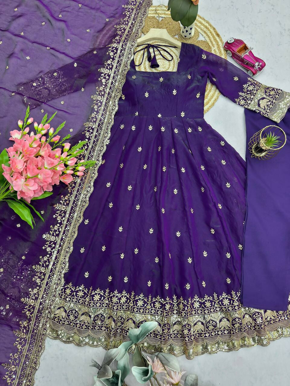 Teeya Creation Deep Purple Embroidered Anarkali Suit Set With Dupatta