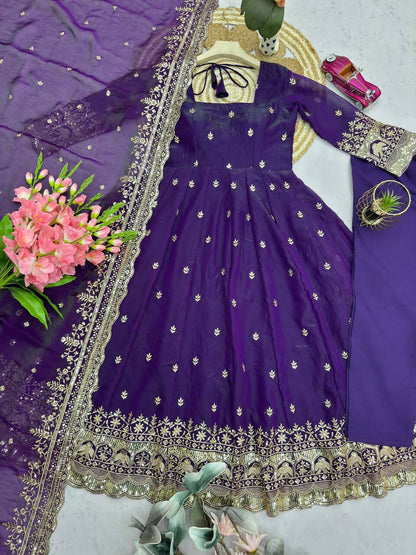 Teeya Creation Deep Purple Embroidered Anarkali Suit Set With Dupatta